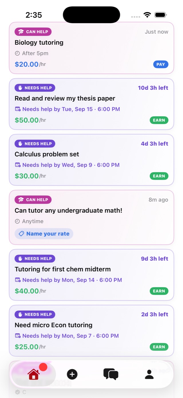 The Kangaroo Academia feed showing students offering and requesting course tutoring