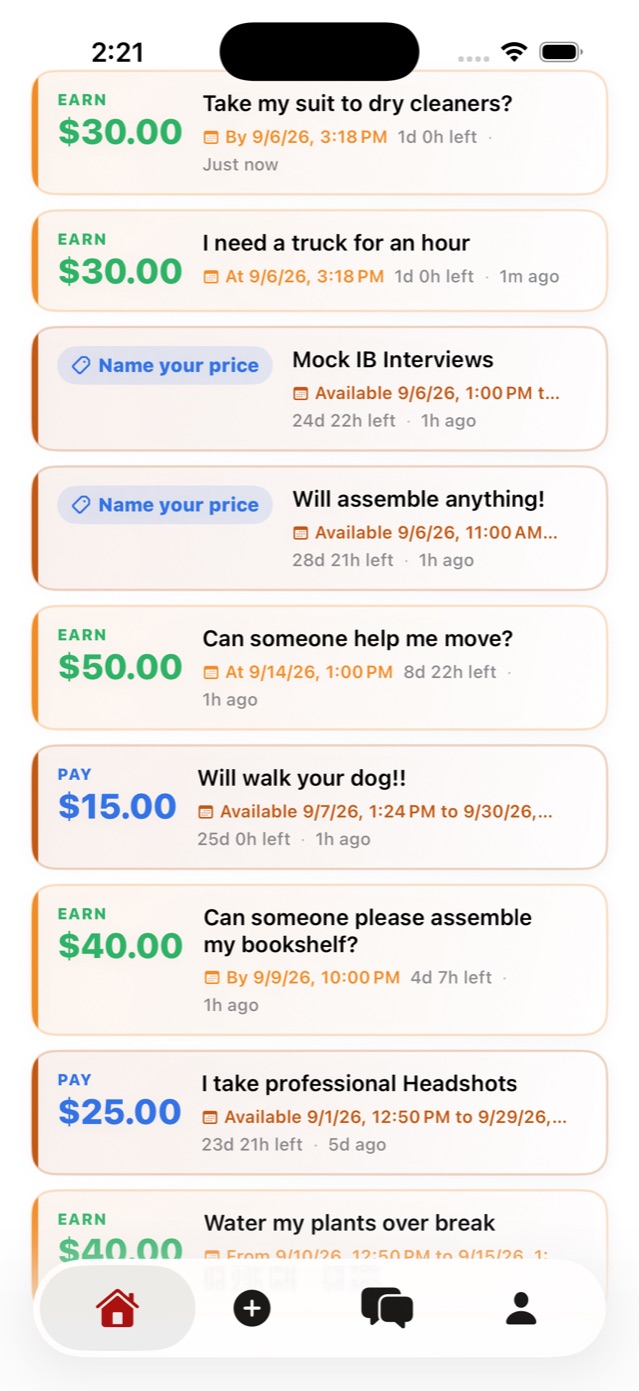 The Kangaroo Jobs feed showing student posts offering and requesting help with campus tasks