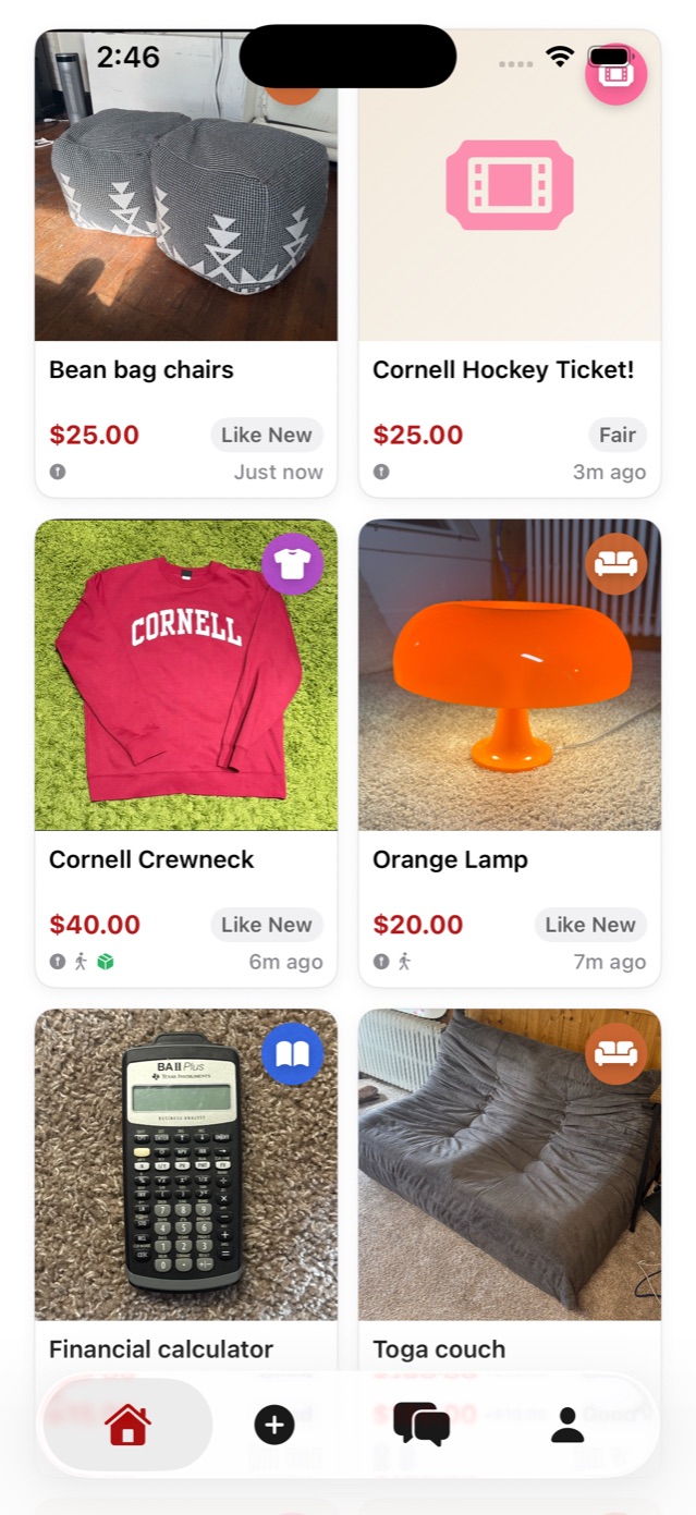 The Kangaroo Marketplace feed showing student listings for furniture, clothing and textbooks