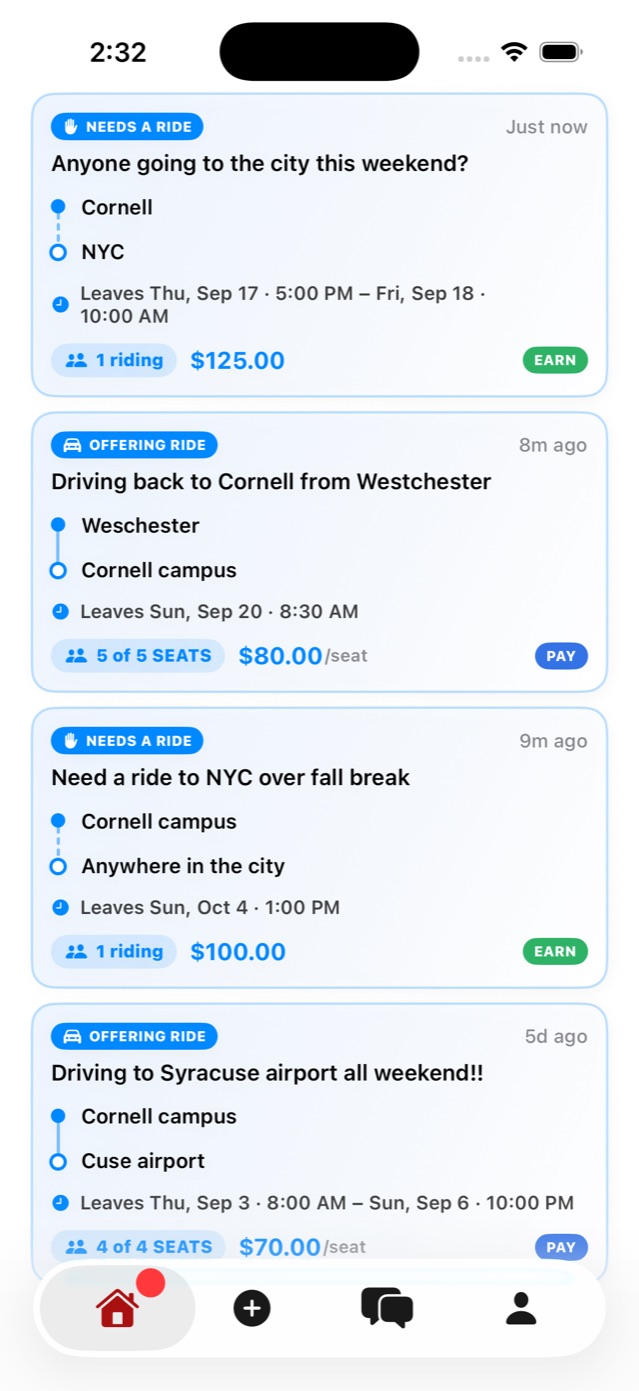 The Kangaroo Rides feed showing students offering and requesting rides to the city and airport